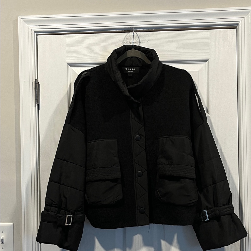 TALLIA Women's BlackJacket Puffer‎ Mixed Media Sweater And Puffer Snap Button